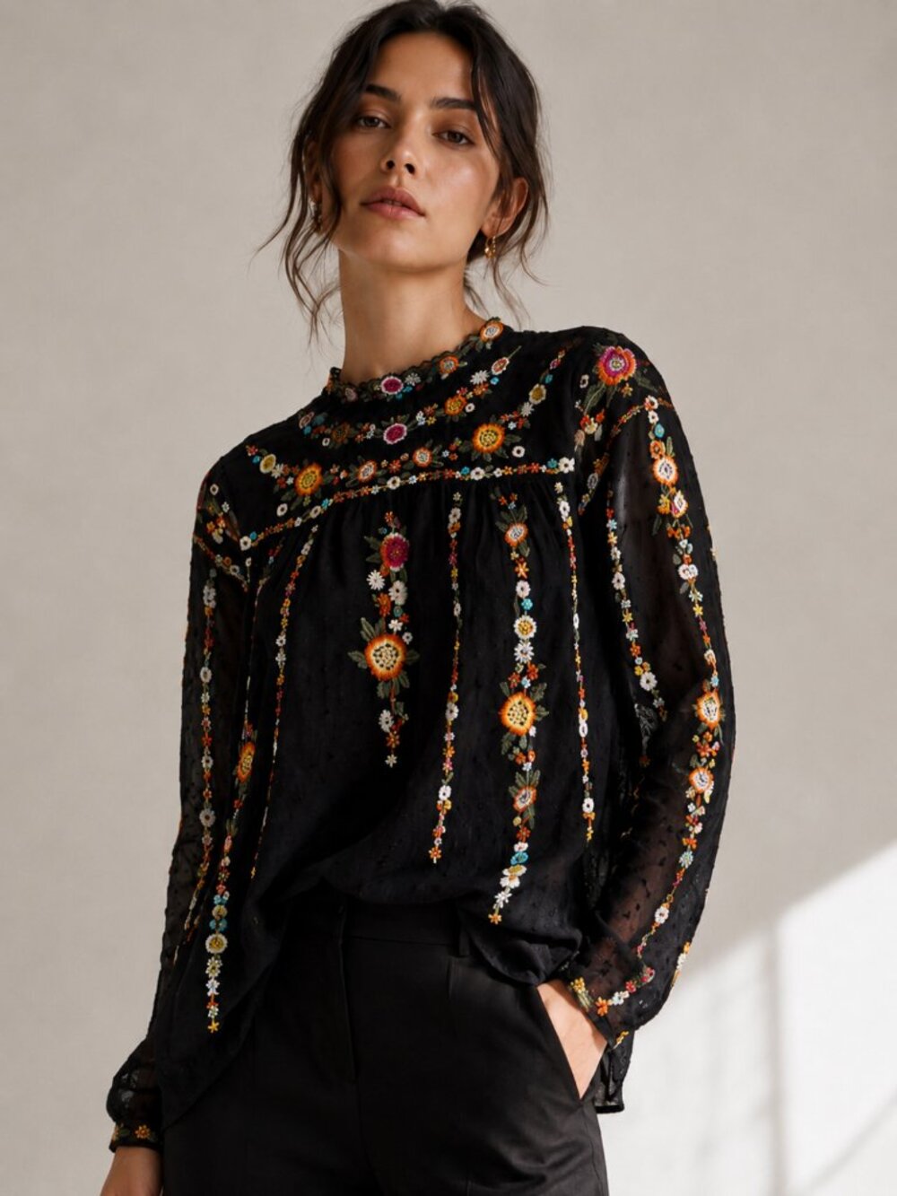 Zara Woman Black Sheer Plumetis Floral Embroidered Tunic Blouse XS Boho